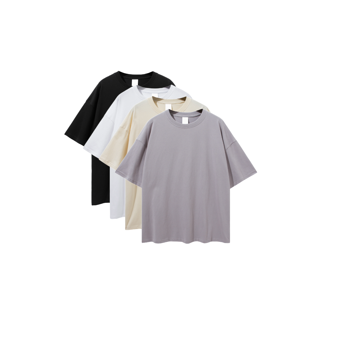 A set of four oversized deep drop shoulder t-shirts in black, white, beige, and gray colors.