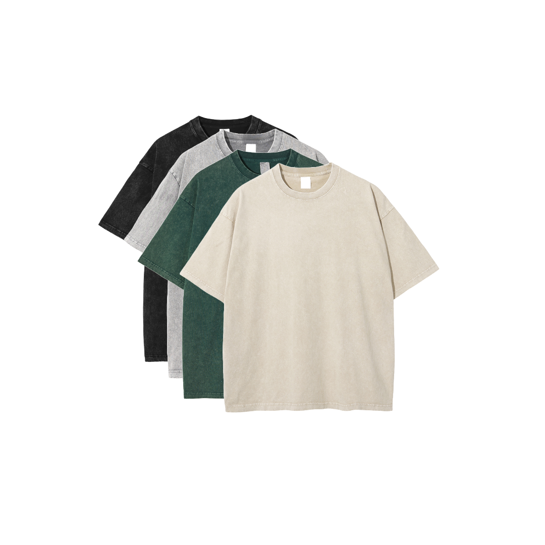 A pack of four washed T-shirts in different colors including black, green, beige, and gray, all displayed in a stacked arrangement.