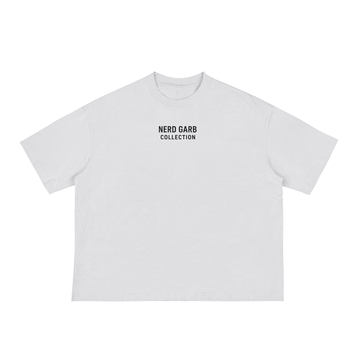 White t-shirt with 'Nerd Garb Collection' text on a white background