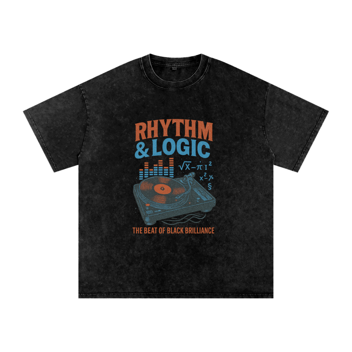 Black t-shirt with 'Rhythm & Logic' graphic design on a white background