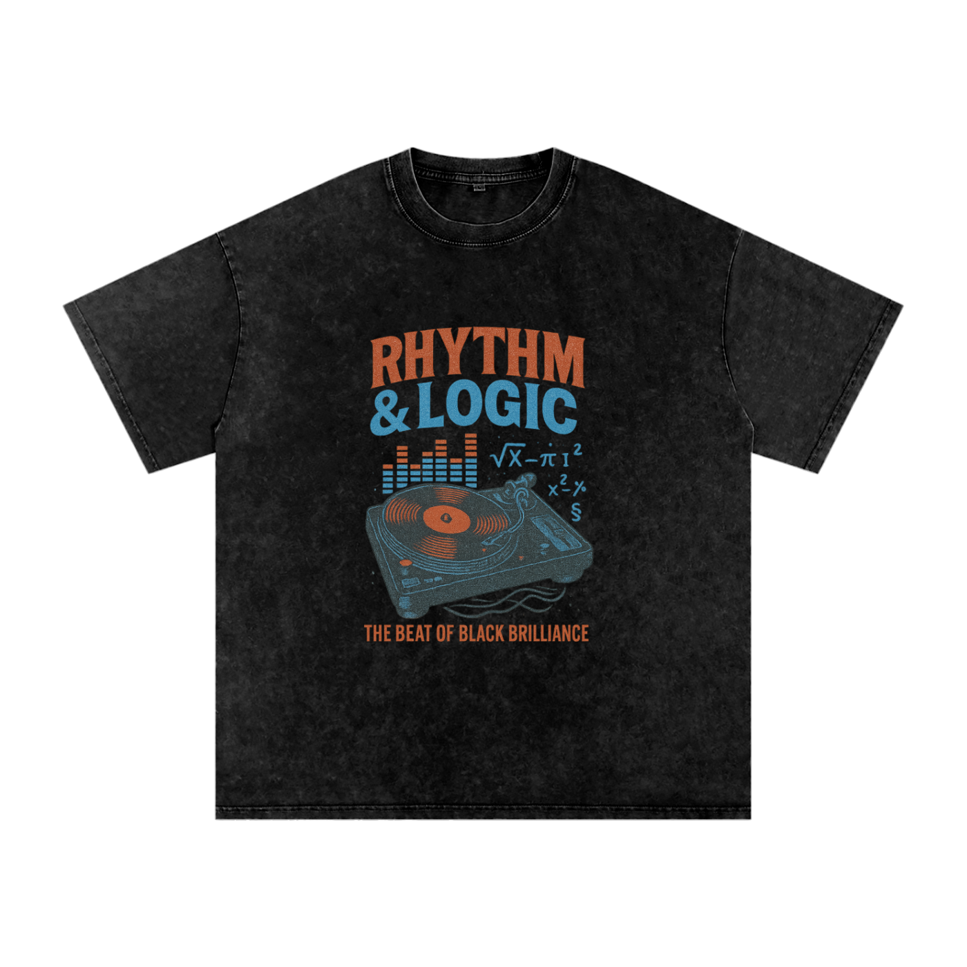 Black t-shirt with 'Rhythm & Logic' graphic design on a white background