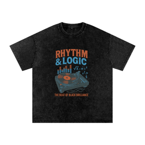 Black t-shirt with 'Rhythm & Logic' graphic design on a white background