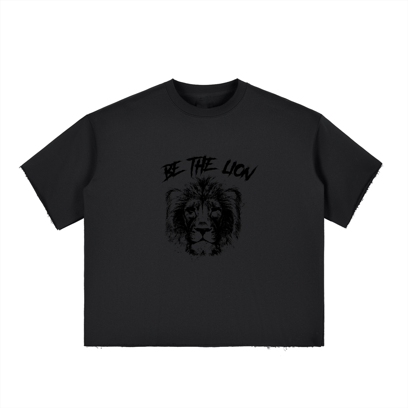 Black t-shirt with lion graphic and 'Be the Lion' text on a white background