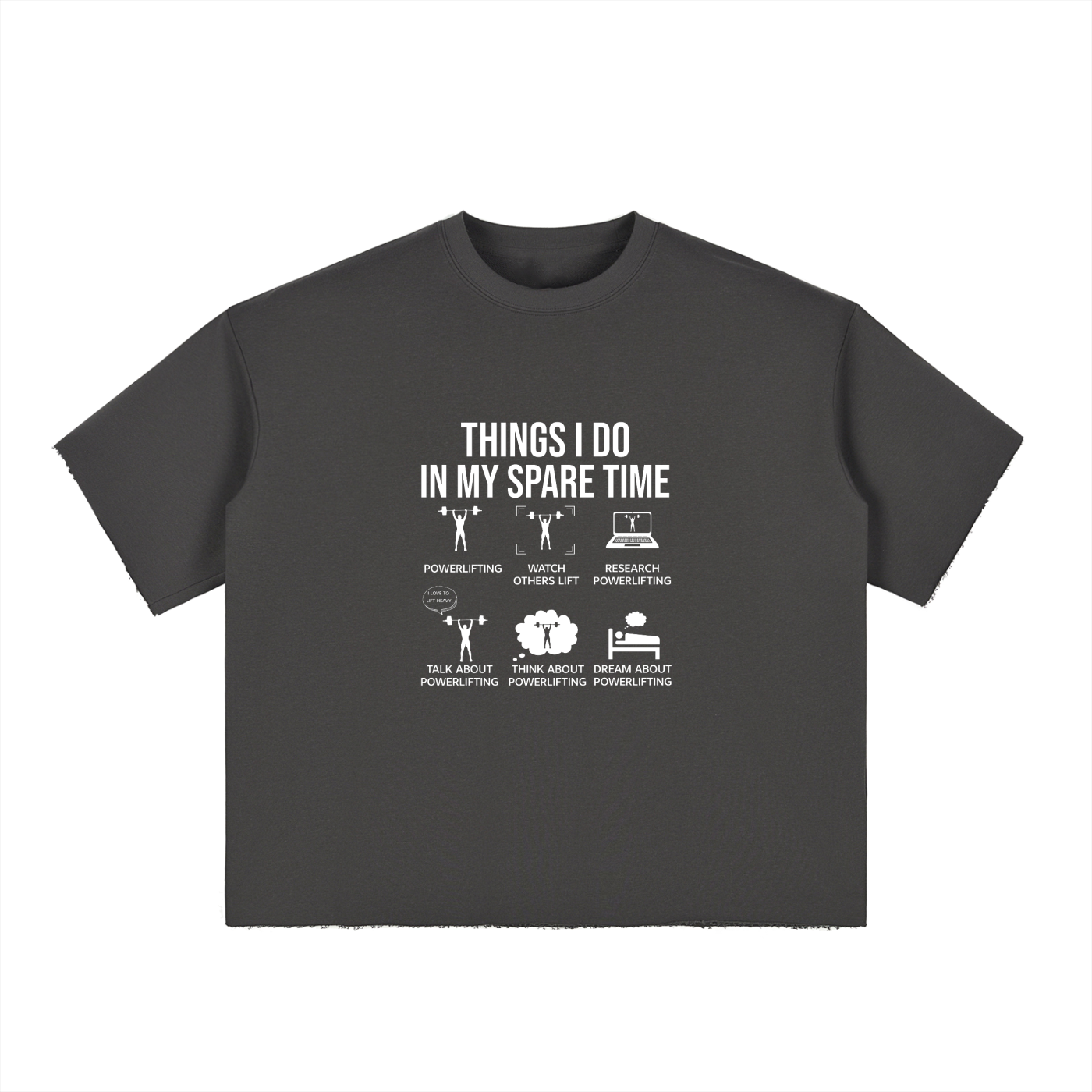 Black t-shirt with white text and graphics on a white background. Buy “Things I Do In My Spare Time” Inscription T-shirt