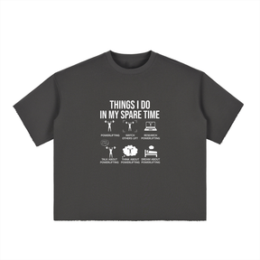 Black t-shirt with white text and graphics on a white background. Buy “Things I Do In My Spare Time” Inscription T-shirt
