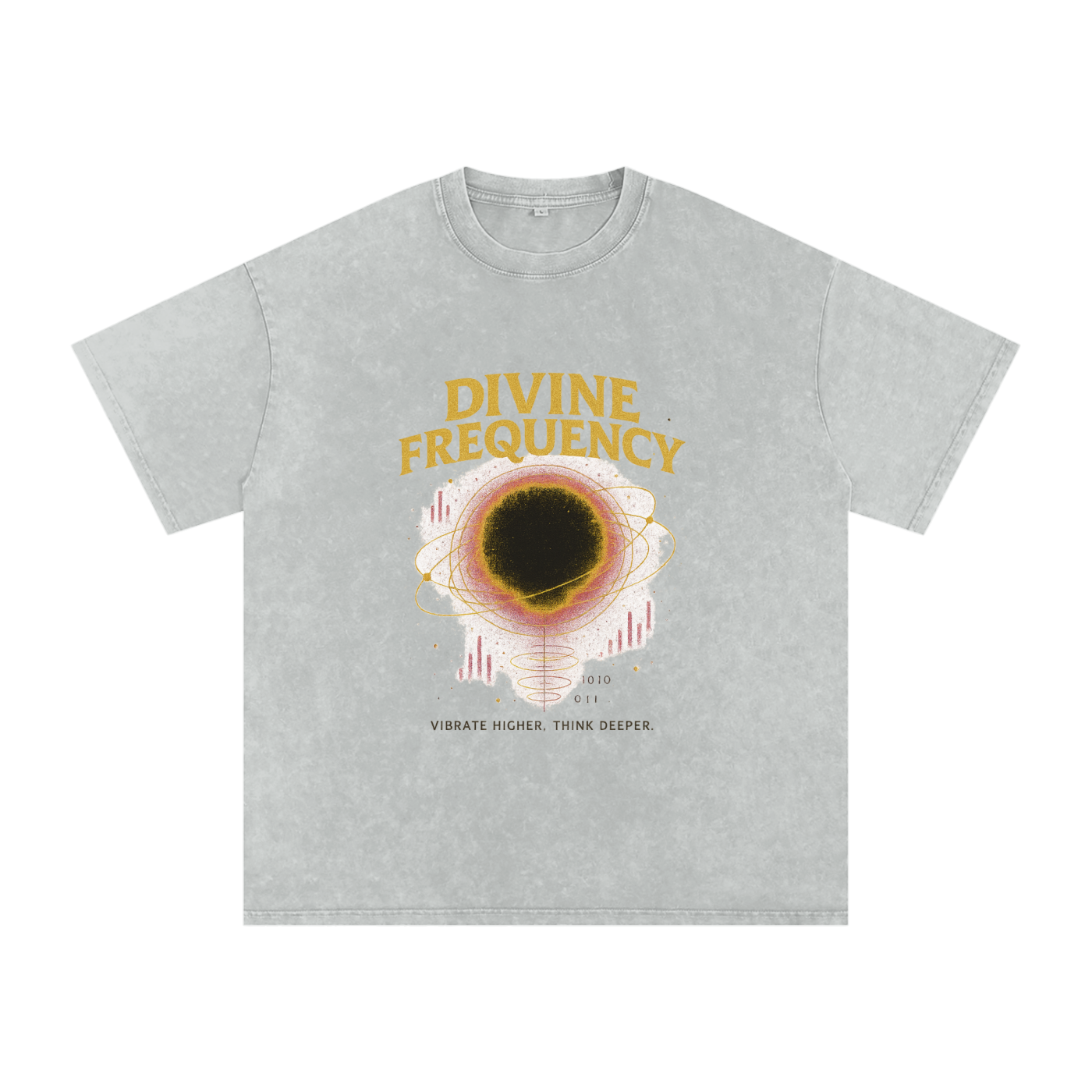 Gray t-shirt with 'Divine Frequency' design on a white background
