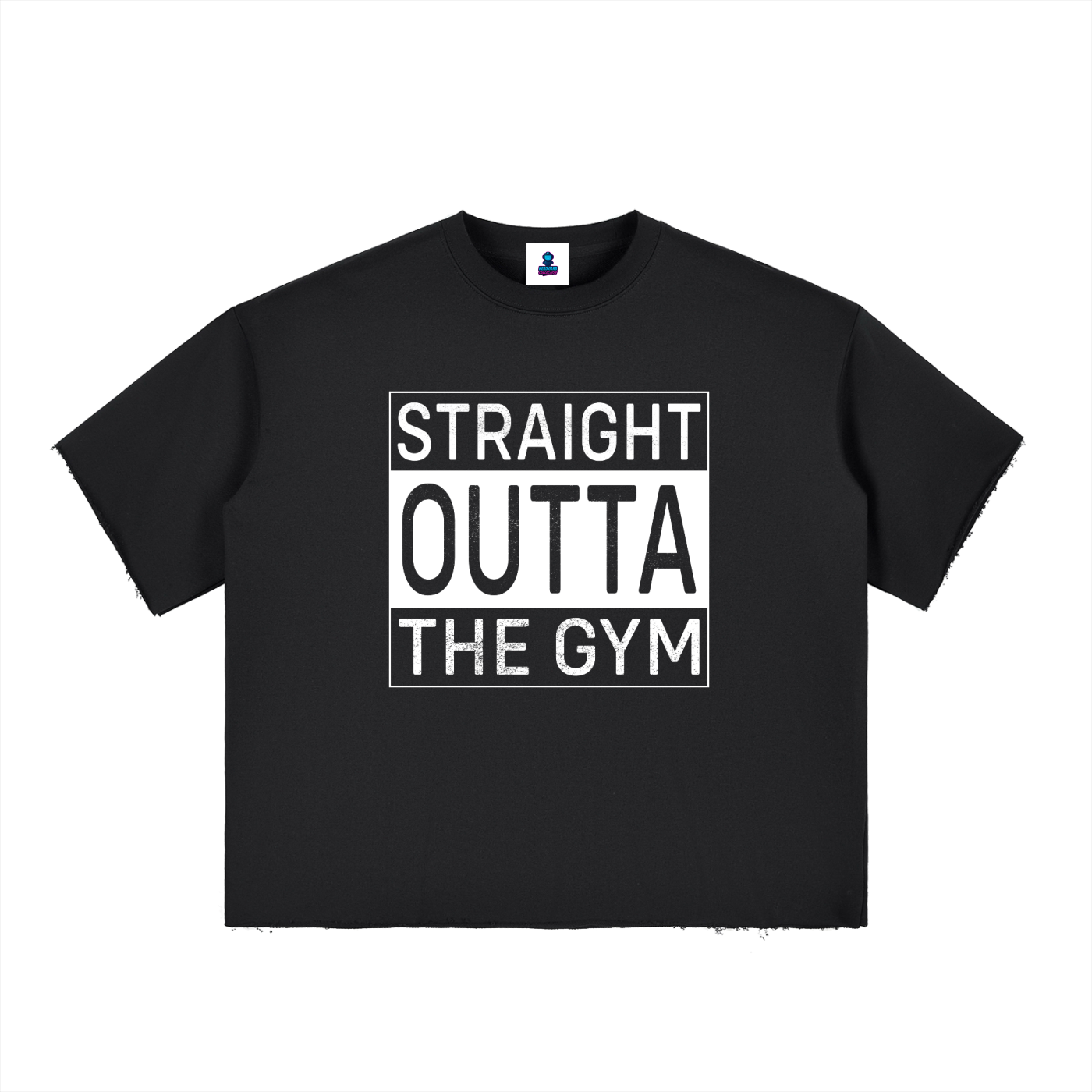 Black t-shirt with 'Straight Outta The Gym' text on a white background