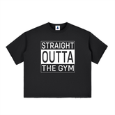 Black t-shirt with 'Straight Outta The Gym' text on a white background