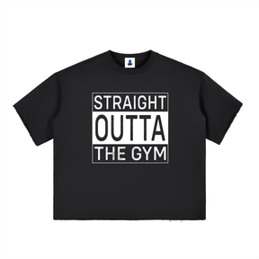 Black t-shirt with 'Straight Outta The Gym' text on a white background