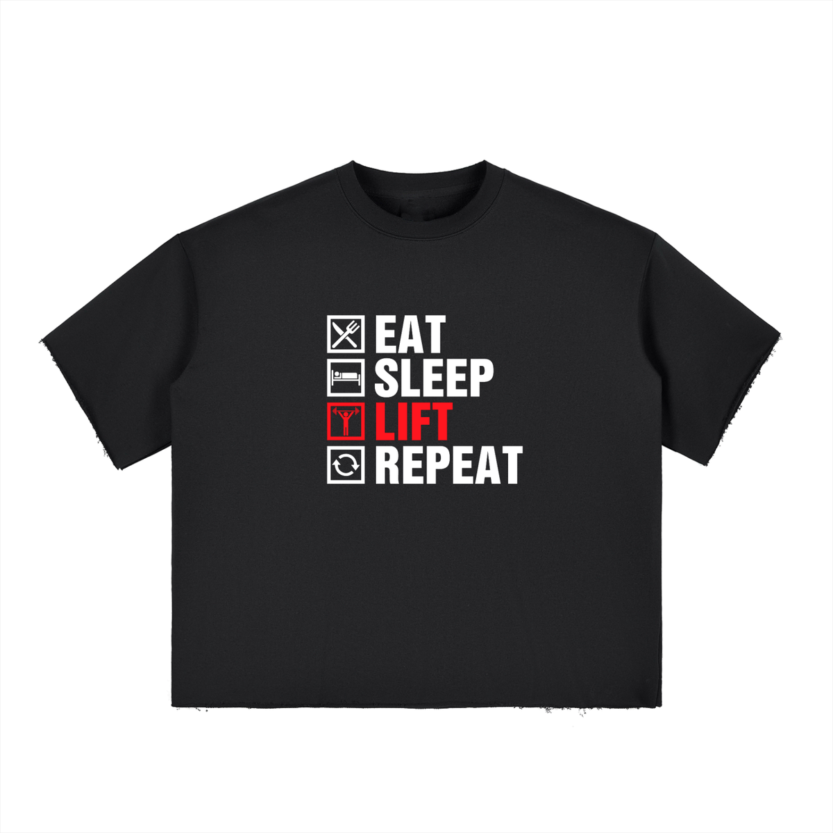 Buy black "Eat, Sleep, Lift, Repeat" Boxy Half-Sleeve Raw-Edge T-Shirt