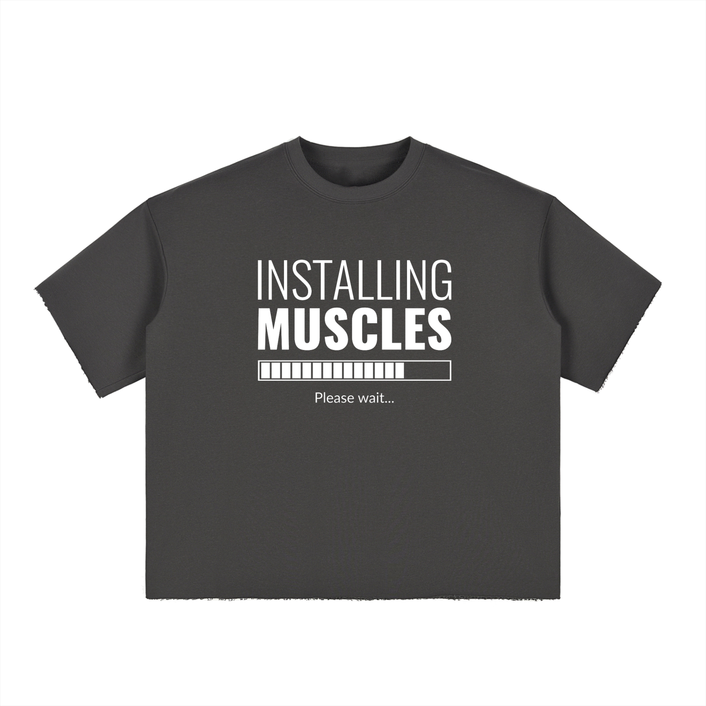 Black t-shirt with white text 'Installing Muscles' on a white background