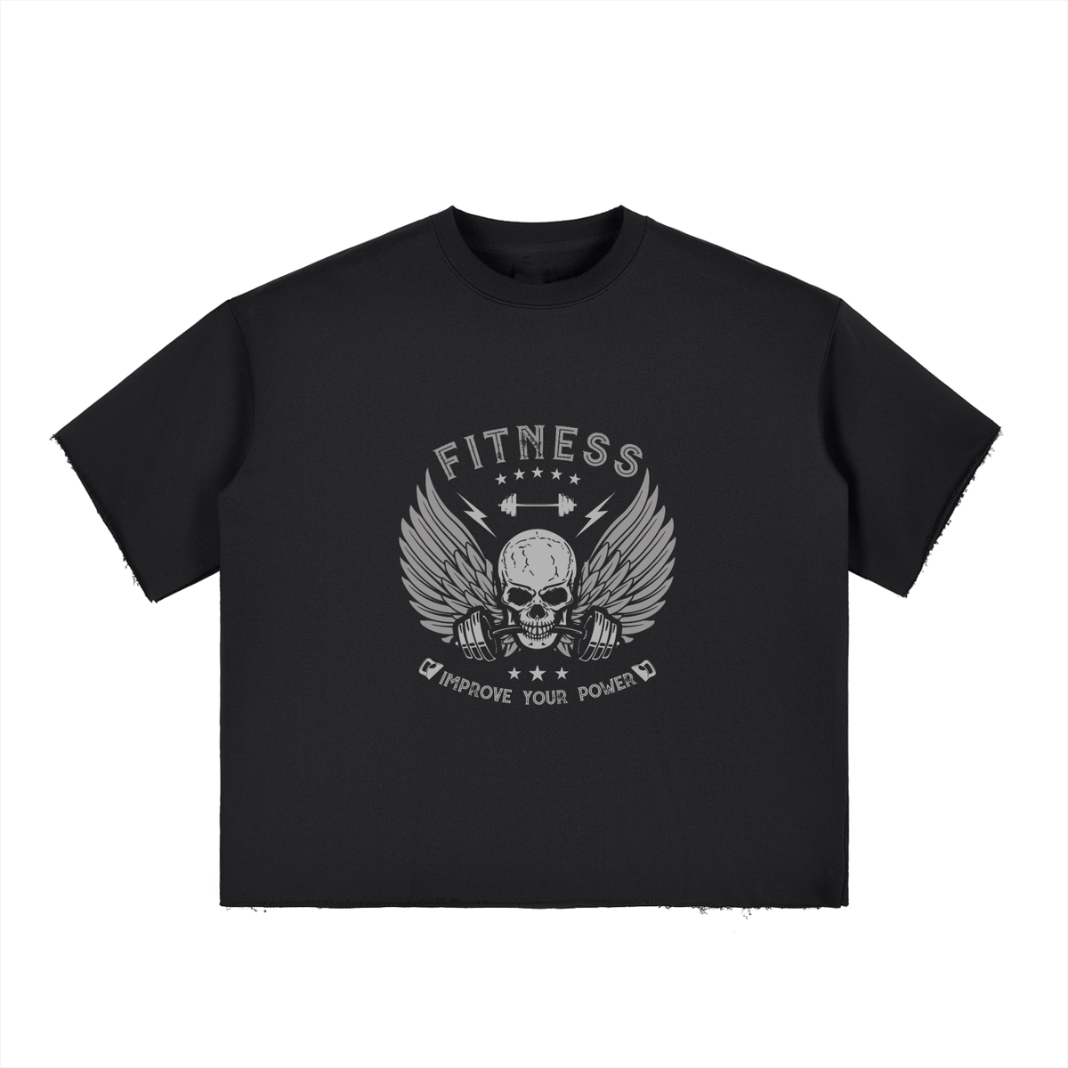 Shop “Fitness. Improve Your Power” Boxy Half-Sleeve Raw Edge T-Shirt