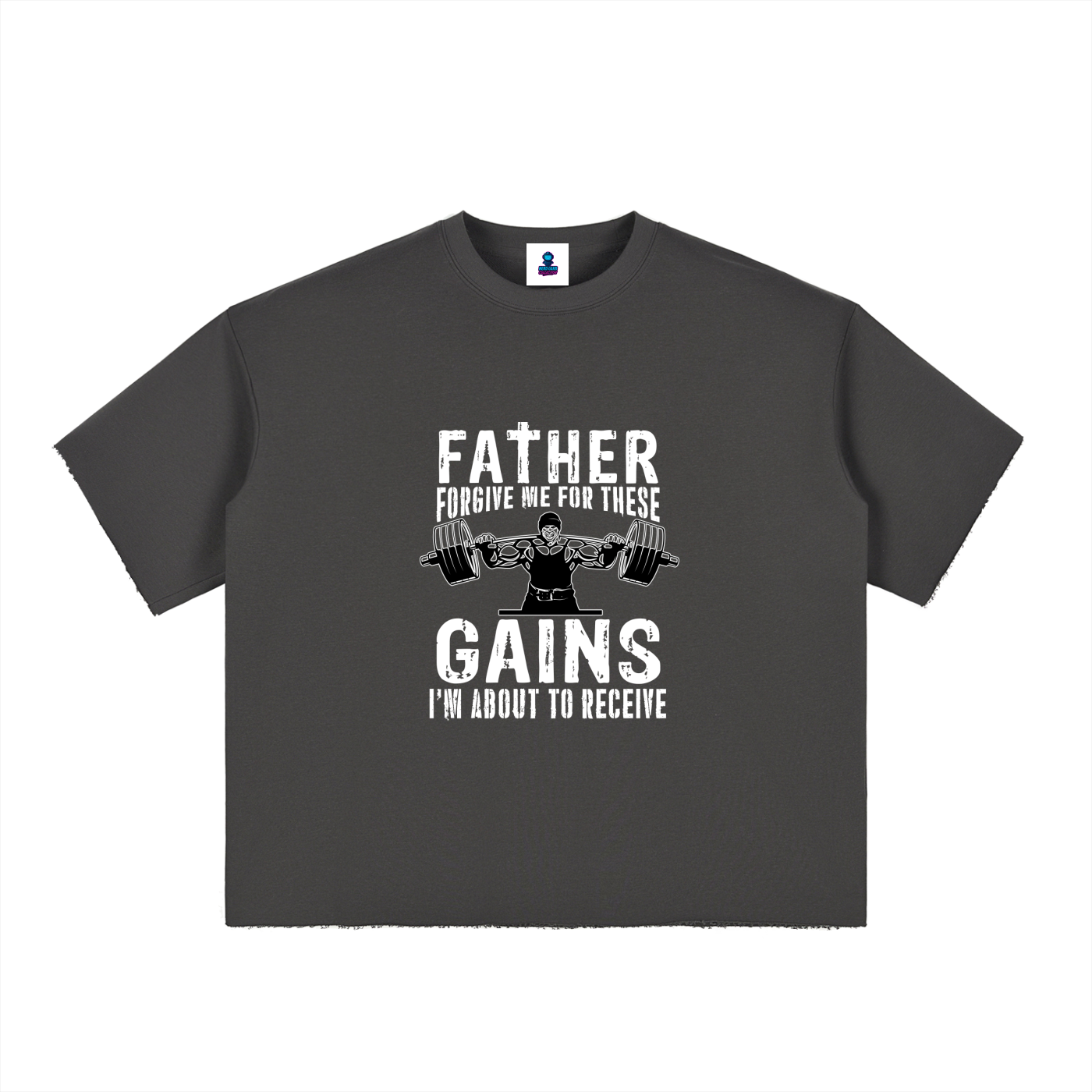 “Father Forgive Me For These Gains” Boxy Half-Sleeve Raw-Edge T-Shirt
