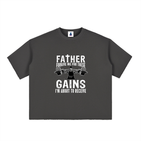 “Father Forgive Me For These Gains” Boxy Half-Sleeve Raw-Edge T-Shirt