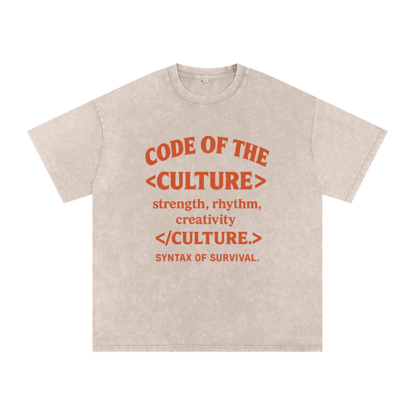 Beige t-shirt with red text on a white background