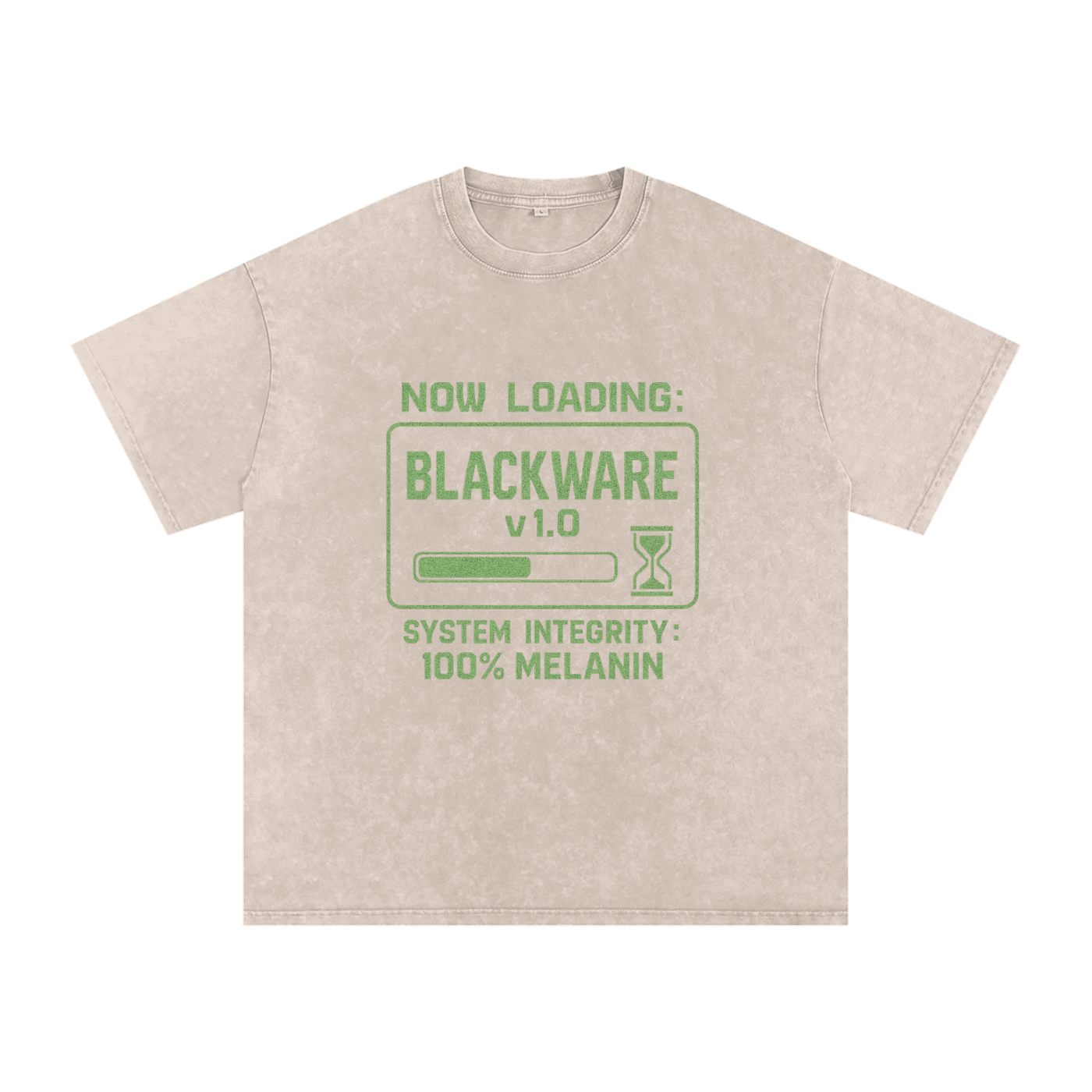 Beige t-shirt with green text on a white background