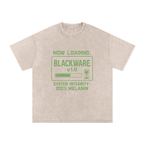Beige t-shirt with green text on a white background