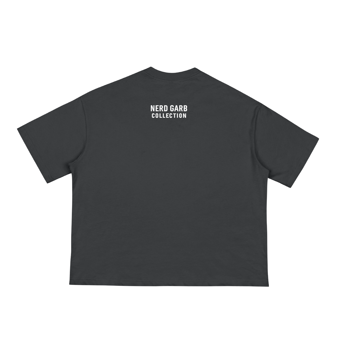 Black t-shirt with 'Nerd Garb Collection' text on the back against a white background