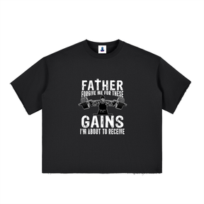 “Father Forgive Me For These Gains” Boxy Half-Sleeve Raw-Edge T-Shirt