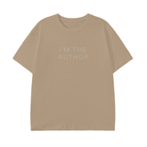 Beige t-shirt with 'I'm the Author' text on a white background